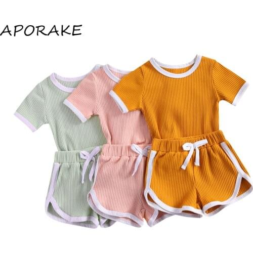 2021 0-3Y Casual Baby Clothing Summer Striped Short-sleeved Fresh Solid Color Pitted Round Neck T-shirt+Short Pants Loose 2pcs