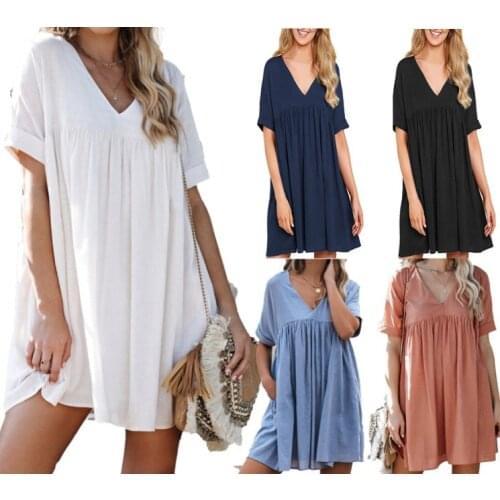 The new hot big yards blouse pure color v-neck dress with short sleeves
