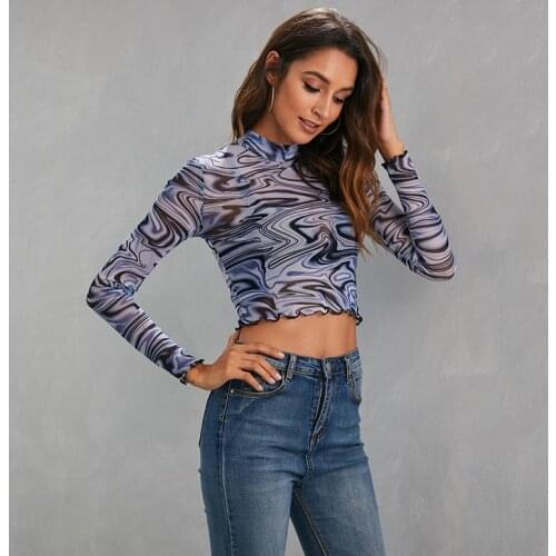 2021 Women Mesh Blouses Chiffon See-through Long Sleeve Paisley Top Shirt Blouse Slim Fashion Transparent Shirts Female Blusas