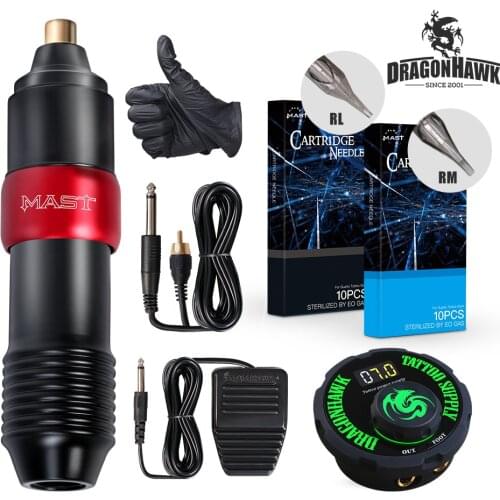 Dragonhawk MAST Motor Rotary Pen Tattoo Machine Set Kit Top Power Supply Needles Makeup Motor Pen L
