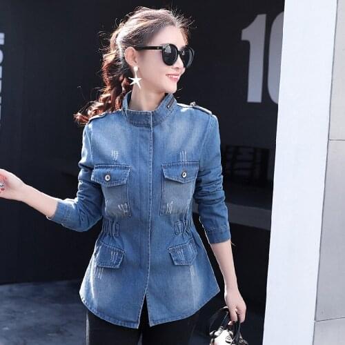Jean Jacket 2019 Women Outerwear Collect Waist Stand Collar Denim Long Coat Ripped Destroyed Slim Autumn Jacket For Woman OS060