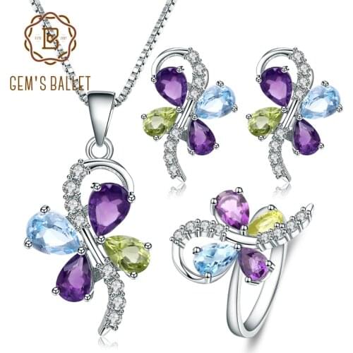 GEMS BALLET Natural Amethyst Butterfly Topaz Jewelry Set Pure 925 Sterling Silver Necklace Earrings Ring Fine Three-pieces Sets