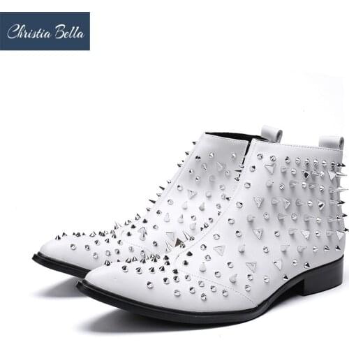 Christia Bella Fashion Genuine Leather Rivet Harness Men Motorcycle Chelsea Boots Ankle Punk Boots Side Zip Men Shoes