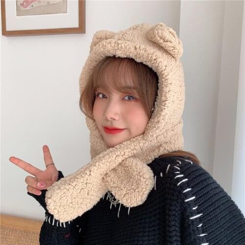 Fashion Winter Women Novelty Beanies Caps Warm Cute Bear Ear Hat Casual Plush Hat Scarf Set Casual Solid Women Caps Present