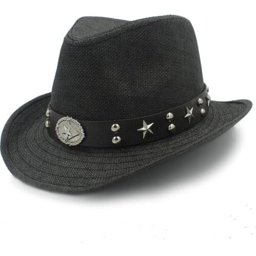 Men Straw Western Cowboy Hat For Summer Cow Cowgirl Hat Sombrero Billycock Caps Punk Belt Size 58CM