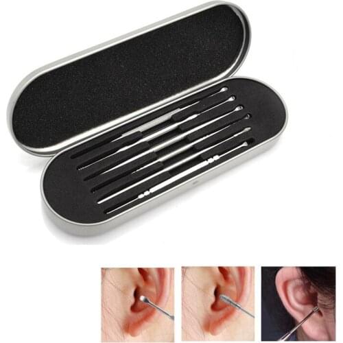 6Pcs/set Stainless Steel Earpick Ear Wax Curette Ear Cleaner Spoon Clean Tool Ear Pick Ear Wax Remover Cleaner Curette Kit