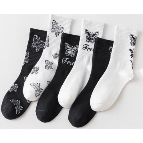 Cartoon Butterfly Socks Cute Trend Print Black White Sock Street Hip Hop Funny Fall Harajuku Fashion Kawaii Women Cool Socks Ins