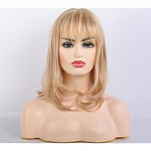 Remy Human Hair Blend Wig Long Curly Body Wave Layered Haircut Neat Bang With Bangs Blonde Women Natural costume wigs