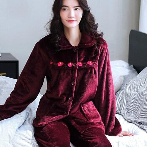 H5841 Middle-aged Elderly Women Pajamas Suit Thick Coral Velvet Long Sleeves Grandma Home Clothes Autumn Winter Warm Nightwear