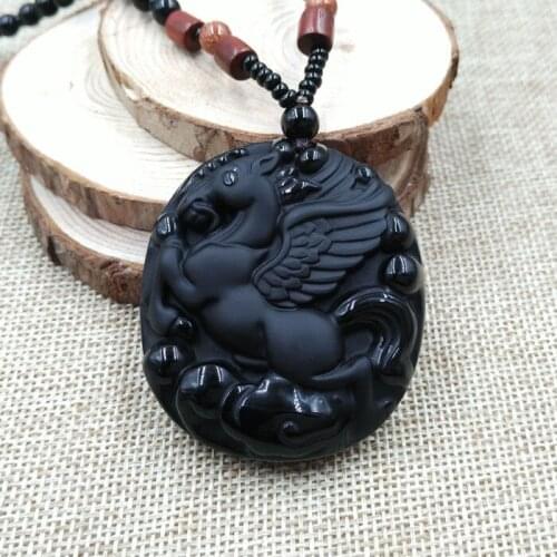 Hand-Carved Pegasus Horse Grade A Natural Black Obsidian Pendant & Necklace