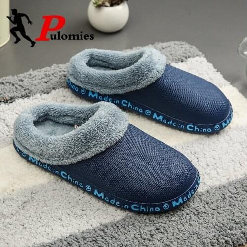PULOMIES Winter Men Women Slippers Waterproof Indoor Plush Fur Furry Warm Slippers Casual Loafers House Couple Shoes Footwear