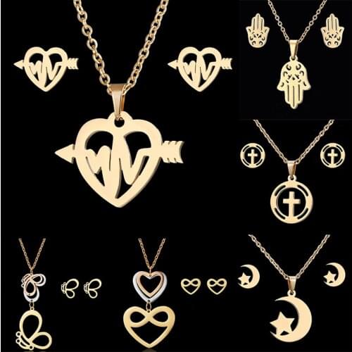 Rinhoo New Jewelry Gift Stainless Steel Butterfly Bicycle Rose Flower Deer Hollow Pendant Necklace Earrings Women Jewelry Sets