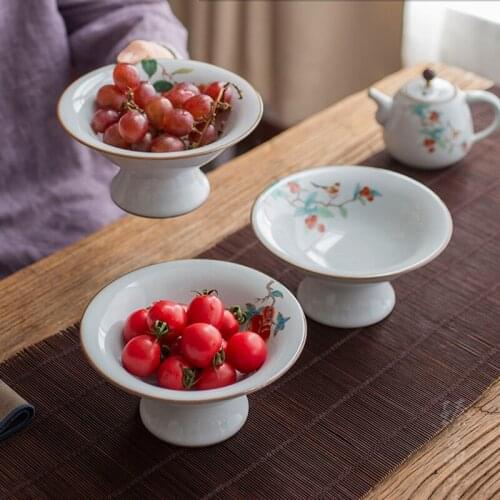 Ru kiln fruit tray Chinese high-footed refreshment decoration plate retro living room ceramic dessert pastry dried fruit tray