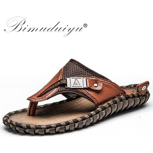 BIMUDUIYU Brand New Arrival Slippers High Quality Handmade Cow Genuine Leather Summer Shoes Fashion Men Beach Sandals Flip Flops