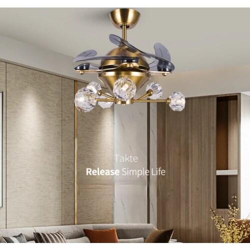Nordic Golden Ceiling Fan Crystal Chandelier Atmosphere Living Room Bedroom Silent Ceiling Fan with Lights Remote Control