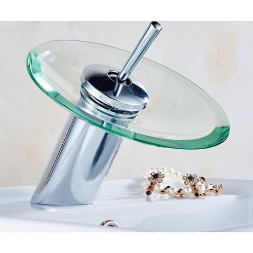 Bathroom Waterfall Basin Faucet Chrome Brass and Glass Water Mixer Cold And Hot Water Tap Sink Faucets Deck Mounted Crane Taps