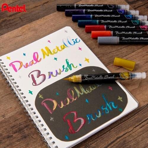 1Pc Japan Pentel Metallic Soft-tip Brush Hook Line Pen DualMetallic Brush TwoColors Are Used for Brush LetteringStudent Supplies