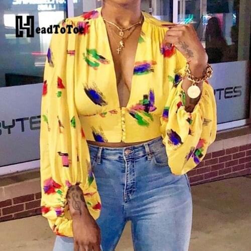 Printed Sexy V Neck Lantern Long Sleeve Crop Tops Women Spring Blouses