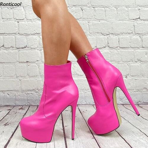 Ronticool Women Winter Platform Ankle Boots Side Zipper Sexy Stiletto Heel Round Toe Gorgeous 15 Colors Shoes Plus Size 45 47 52
