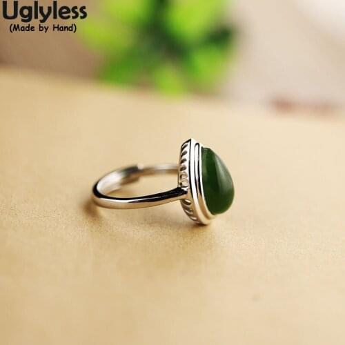 Uglyless Natural Green Jade Water Drop Gemstones Rings for Women Elegant Party Dress Fashion Jewelry 925 Silver Open Ring Bijoux