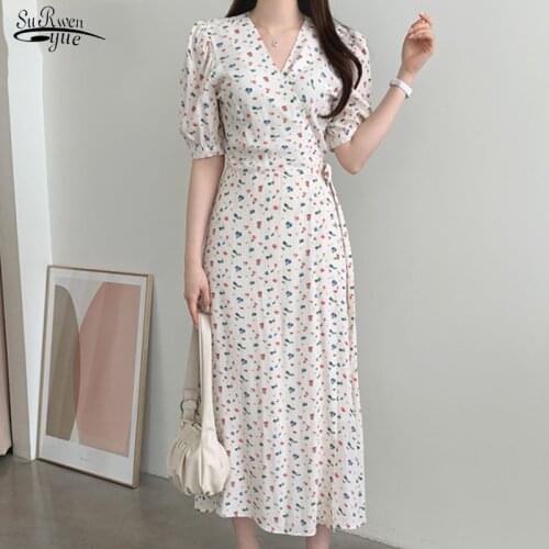 New Korean Chic Print Dresses Elegant Office Lady V-neck Short Sleeve High Waist Dress Women Summer Romantic Floral Dress 15300