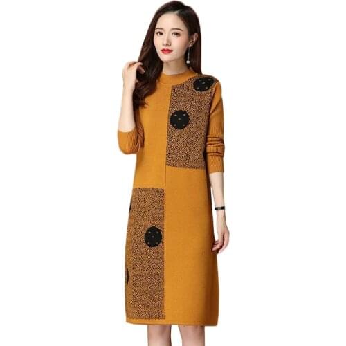 Autumn Winter Women Knitted Sweater Dress 2021 New Color Matching Long-sleeved Pullover Sweater Female Dresses Womens Clothing