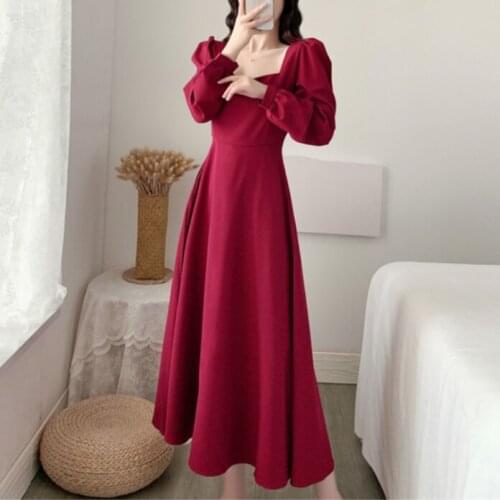 Red Vintage Long Sleeve Dress Women Party Elegant Ankle-length Female Square Collar Simple Korean Style Casual Streetwear Slim