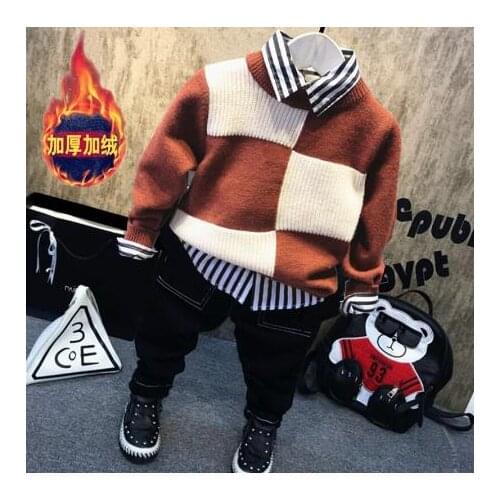 Baby Boy winter Clothes Set boys Knitting sweater + thick stripe shirt + thick jeans 3Pcs/set 2-6Year Toddler Kids Clothing set