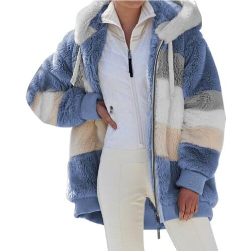 Winter Women Parka Coat Casual Female Plush Patchwork Zipper Pocket Hooded Jackets Plus Size Parkas Outerwear Top Womens Jacket