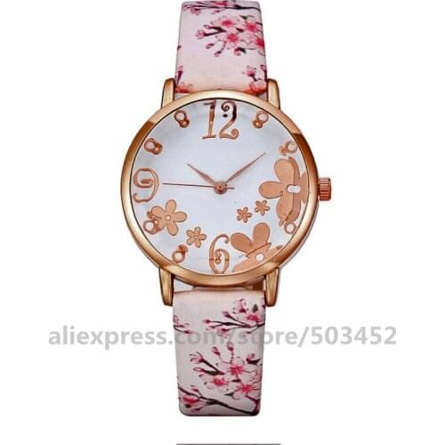 100pcs/lot Flower Women Watches New Fashion Fancy Inspirational Leather Band Analog Quartz WristWatches Feminino