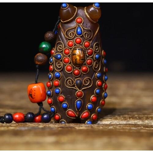 3"Tibet temple Old Natural agate Filigree mosaic Gem Dzi Bead Cicada statue Blockbuster Pendant Amulet Town House Exorcism