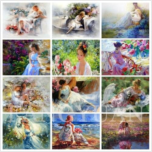 5D Diy Diamond Painting Girls Flowers Rhinestone Cross Stitch Full Square Diamond Embroidery Garden Scenery Wall Art Poster