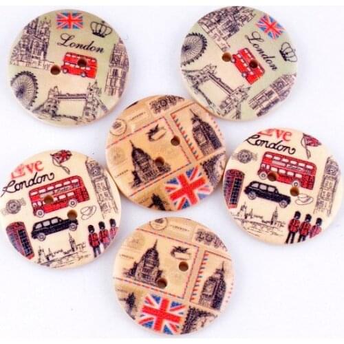 Free shipping -30PCs Randomly Mixed Lovely UK Bus 2 Holes Wood Painting Sewing Buttons Scrapbooking 30mm Dia. J2396