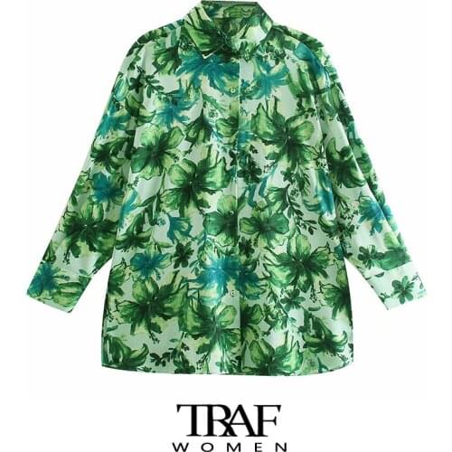 TRAF Za Women Fashion Tropical Print Oversized Blouses Vintage Long Sleeve Button-up Female Shirts Blusas Chic Tops