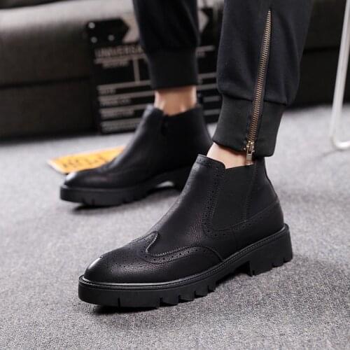 Mens boots casual business wedding formal dress cow leather brogue shoes carved bullock platform chelsea boot ankle botas male