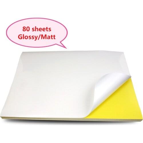 A4 Sticker Paper Label Sheets for inkjet / Laser Printer /Copier, Matt/Gloss kraft Surface, 80 Sheets Per Pack