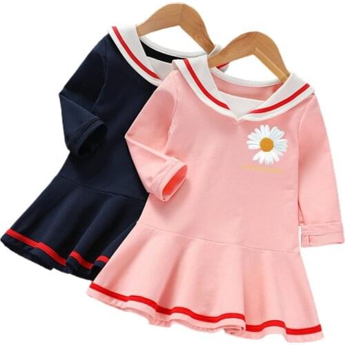 Girl long sleeve Chrysanthemum dress pony cartoon dress printed embroidered cotton Navy collar dress for girls kids summer dress