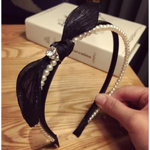 Teen Girls Pearls Headband Black Mesh Hairband Bow Knotted Women Hair Accessories Cute Bowknot Headband Adults Outdoor Headdress