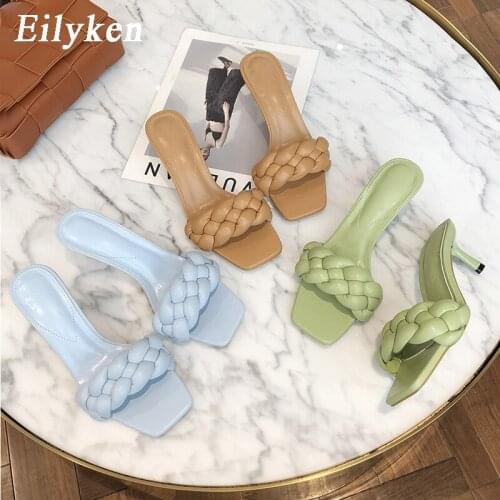 Eilyken Summer Fashion Design Weave PU Leather Square Toe Slippers Women Slides Stiletto Heel Sandals Ladies Outdoor Casual Shoe