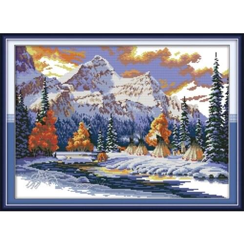 Joy Sunday Camping In Winter Landscape Painting Aida Cross Canvas DIY Cross Stitch Embroidery Kits Needlework Sets DMC Floss Set