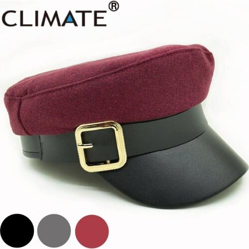 CLIMATE Women Punk Navy Cap Fashion PU Sailor Caps Funky Army Hat Gold Iron Buckle Woman Military Caps Marine Hat Caps for Woman