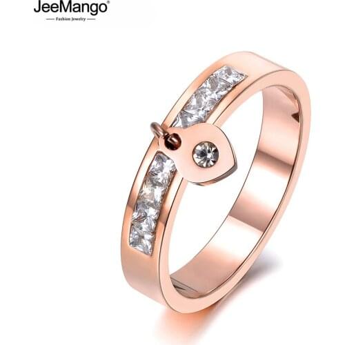 JeeMango Stainless Steel Ring Rose Gold Color AAA Zircon Shinning Rhinestone Hang Heart For Christmas Gift Girl Women JR18142