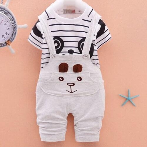 2020 New Baby Boys Girls Tops with Bib Pants Set Striped Cartoon Pattern Sports Clothing Set for Summer