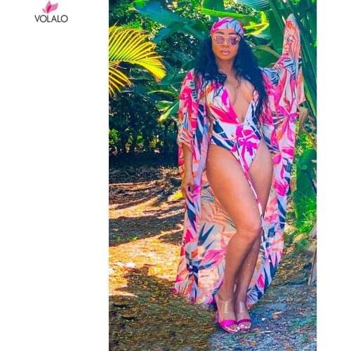 Swimsuit And Cover Up Sets 2020 Sexy Women Swimwear Beach Wear Floral Print V-Neck Bandage Bikini set+Cover Up Two Piece Set