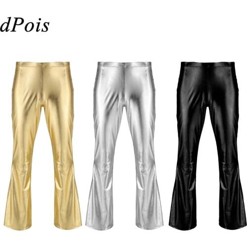 Mens Metallic Disco Pants with Bell Bottom Dance Trousers Performance Shiny Flared Long Pants Men Concert Party Smooth Leggings