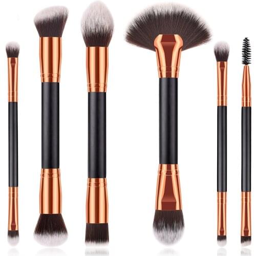 Saiantth 6pcs Double Head Dual Use Portable Wood Aluminum Handle makeup brushes set fan shape loose powder eyeshadow foundation
