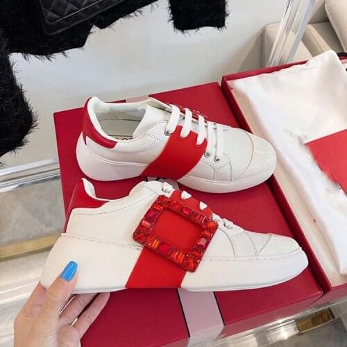 2021new diamond square button small white shoes womens leather drill button sports shoes lace up casual round head single shoes