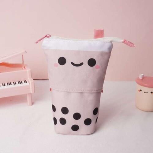 New cute pearl milk tea shape pencil case girl powder cosmetic bag retractable student stationery storage bag student