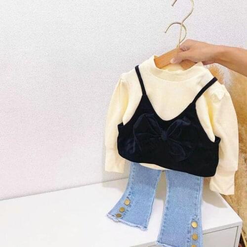 2021 Autumn Spring Girls Princess T-shirts Children Kids Baby Long Sleeve T-shirt Tops+Bow Waistcoat Outfits ADK184