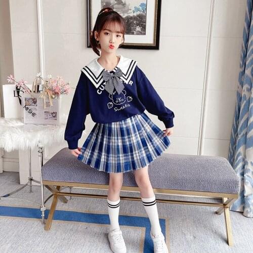 Girls' School Uniforms Girls' Spring And Autumn Fashion Printed Bow-knot Lapel Tops Pleated Plaid Skirts Girls' Fashion Suits